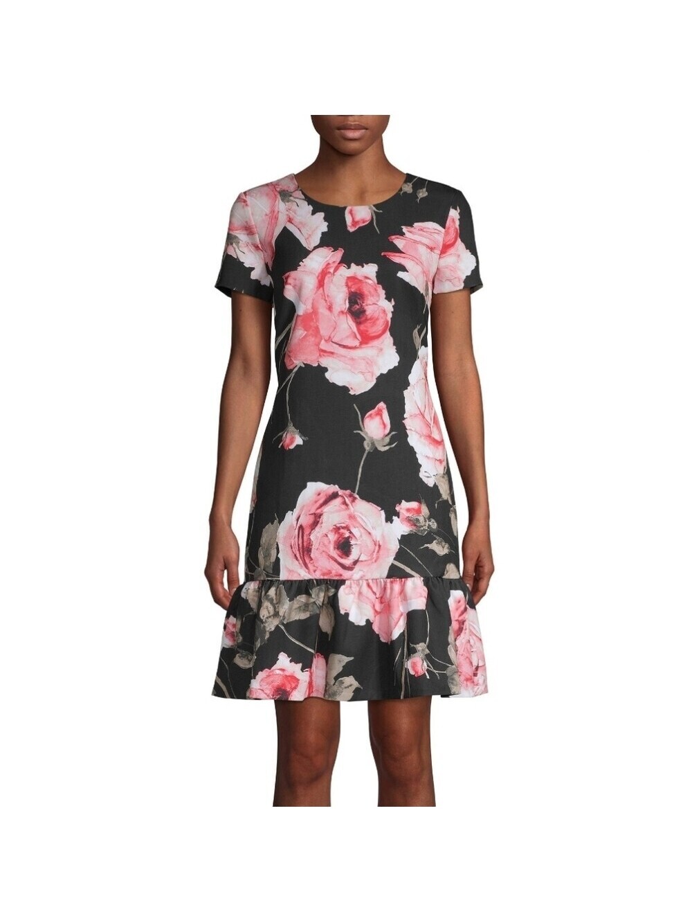 Karl Lagerfeld - Black and Pink Floral Short Sleeve Dress Ruffle Hem, Size 12